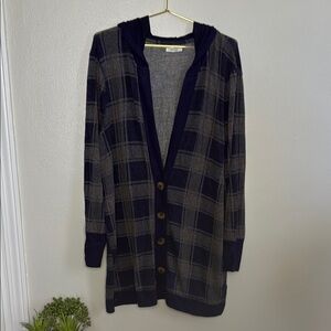 Plaid Hooded Cardigan with Button Front